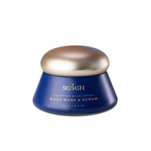 Blue jar of SSGSN Egyptian Blue Lotus Body Mask & Scrub with gold lid on a white background